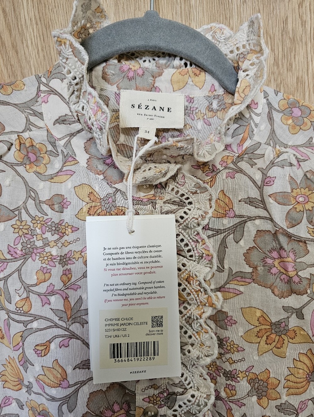 $185 NWT! Sezane Chlo Floral Ivory Pink Yellow Organic Cotton Size 34 US 2 XS S - Picture 5 of 7